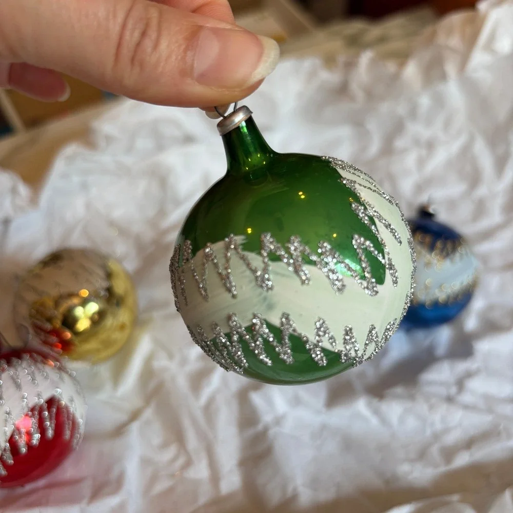Vintage Multicolor Glass Ball Ornaments Silver Gold Glitter Zigzag Pattern 4pc